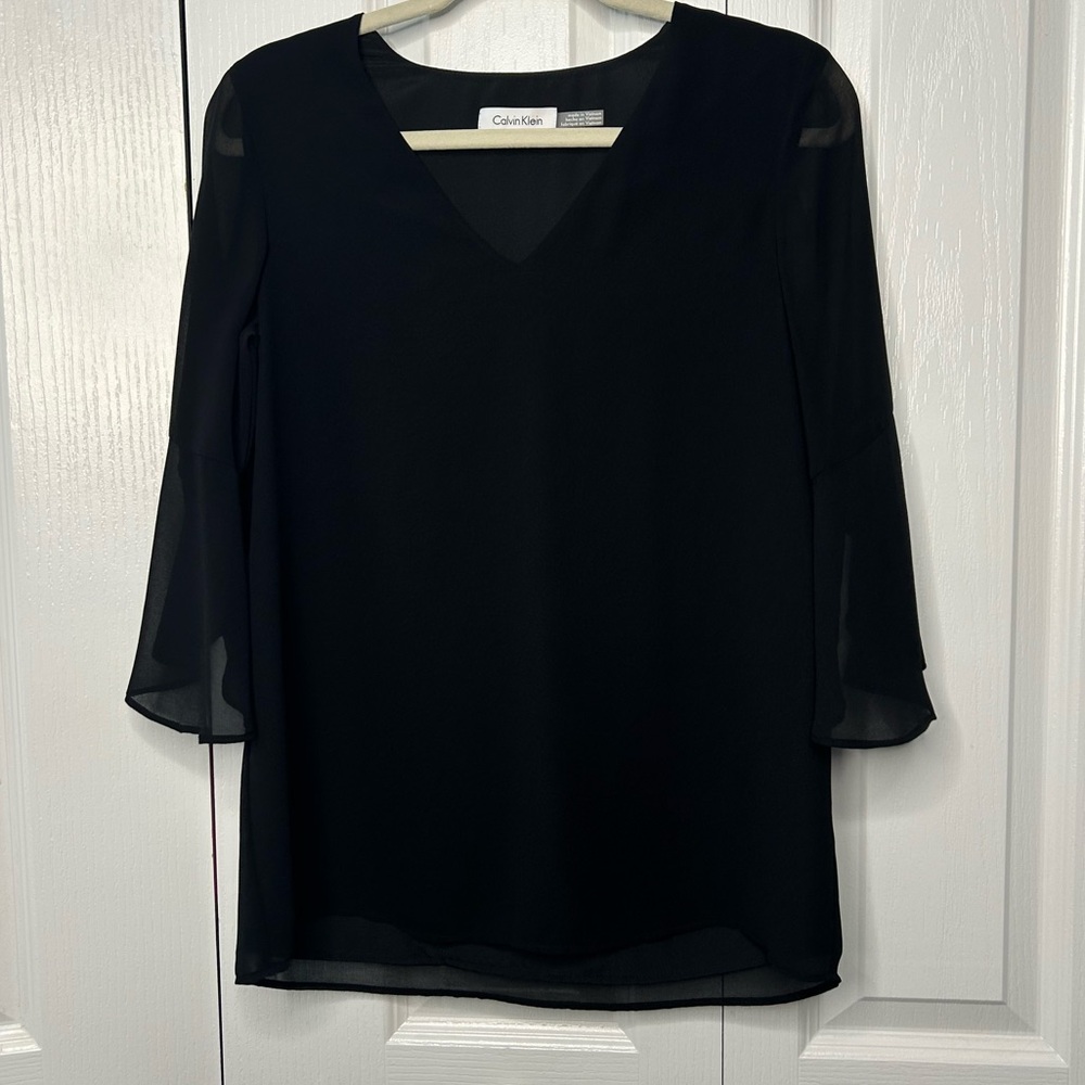 Calvin Klein Women’s Black V-Neck Sheer 3/4 Quarter Sleeves Lined Blouse Size XS